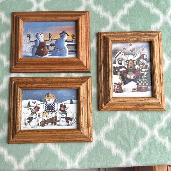 Set of 3 vintage snowman winter cottage country Art Prints in solid oak frames - Picture 1 of 10